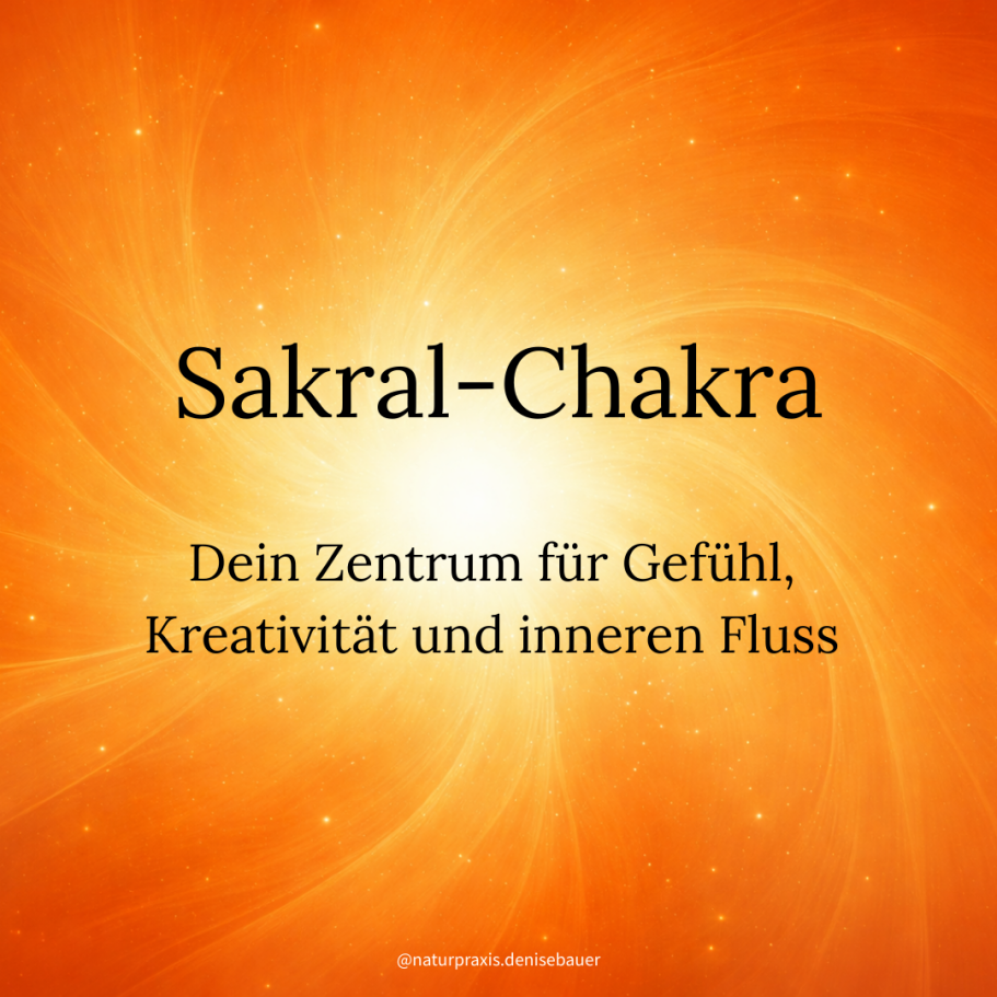 Sakral-Chakra mit orangefarbenem Hintergrund, darunter Text über Gefühl und Kreativität.