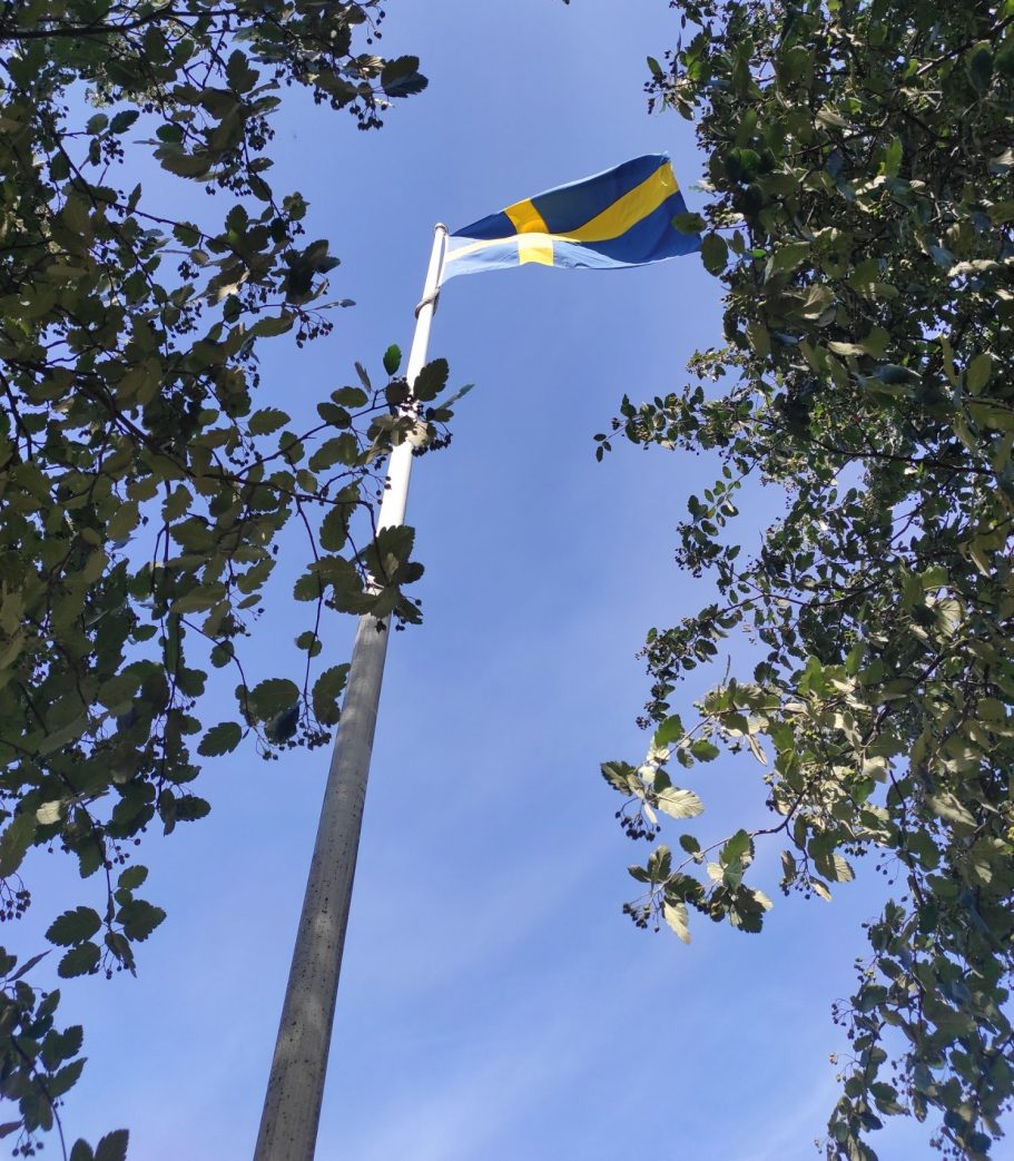 Schweden-Flagge an einem Mast zwischen zwei Bäumen