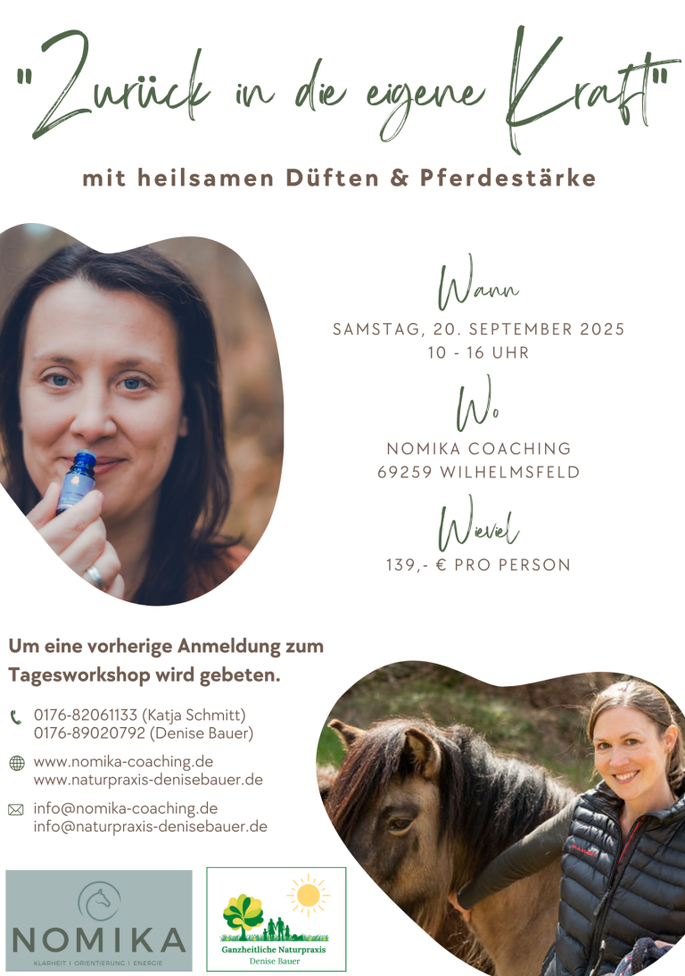 Eine Frau mit ätherischem Öl, eine Frau mit Pferd, Einladungsplakat zu einer Veranstaltung über ätherische Öle und Pferdecoaching.