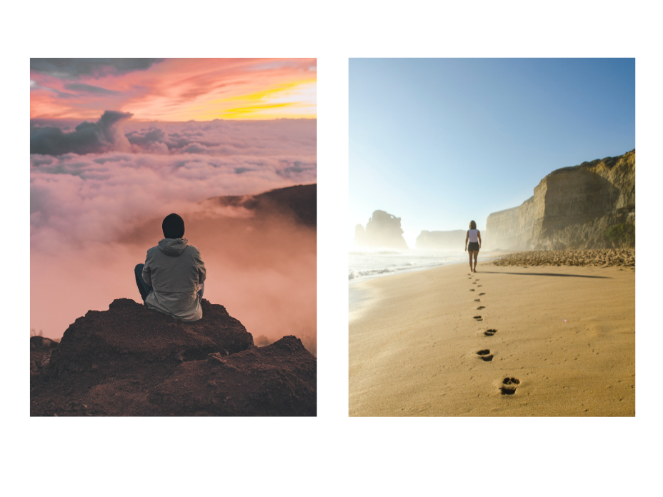 Eine Person sitzt auf einem Felsen in den Wolken, daneben eine Person am Strand mit Fußspuren.