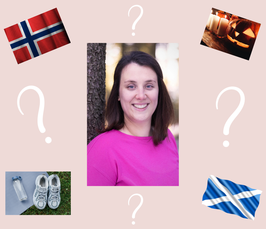 Porträt einer Frau in einem pinken Shirt, umgeben von Fragen und diversen Bildern.