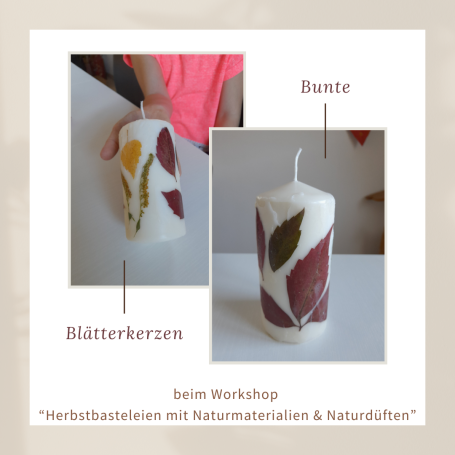 Bunte Blätterkerzen von einem Workshop mit Naturmaterialien.